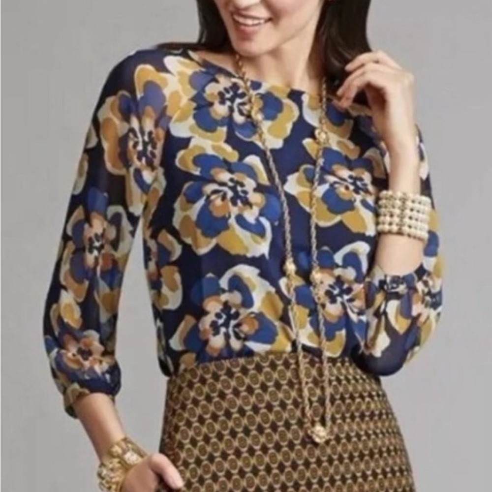 CAbi Blue and Gold Floral Blouse